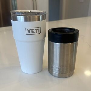 YETI White Tumbler and Silver Can Holder